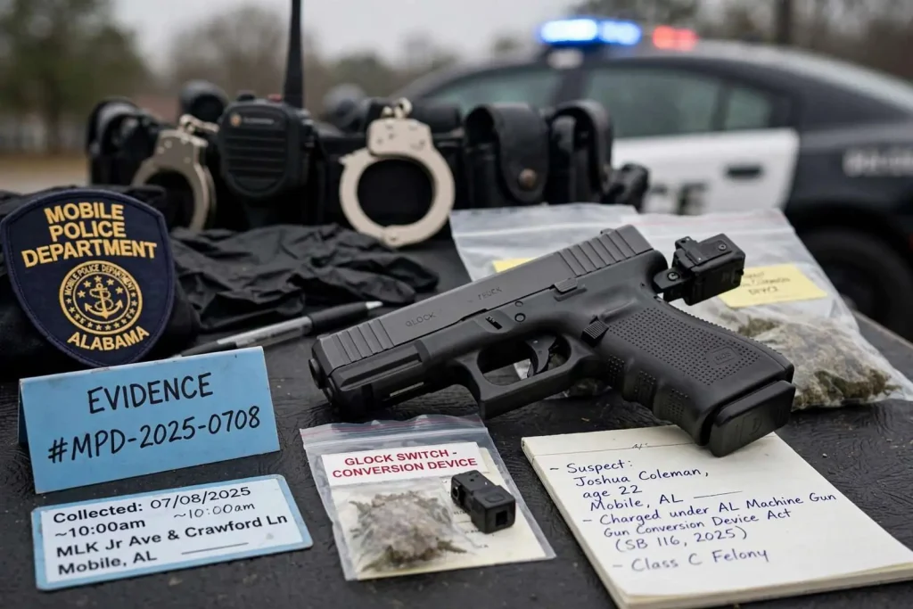 Illustration for the news story: Mobile Man Charged After Traffic Stop Turns Up Firearm Fitted With a Glock Switch