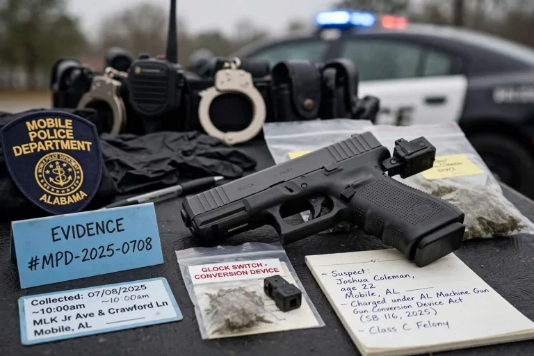 Illustration for the news story: Mobile Man Charged After Traffic Stop Turns Up Firearm Fitted With a Glock Switch