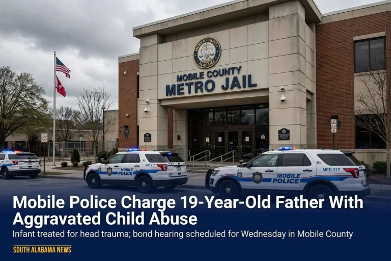 Illustration for the news story: Mobile Police Charge 19-Year-Old Father With Aggravated Child Abuse After Infant Treated for Head Trauma