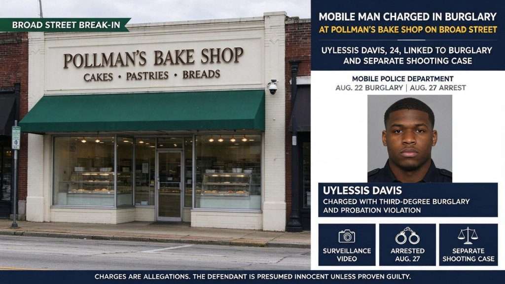 Illustration for the news story: Mobile Man Charged in Burglary at Pollman’s Bake Shop on Broad Street