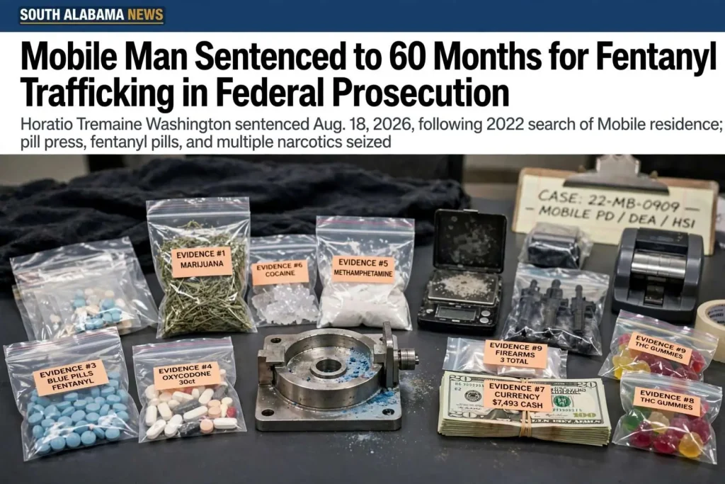 Illustration for the news story: Mobile Man Sentenced to 60 Months for Fentanyl Trafficking in Federal Prosecution