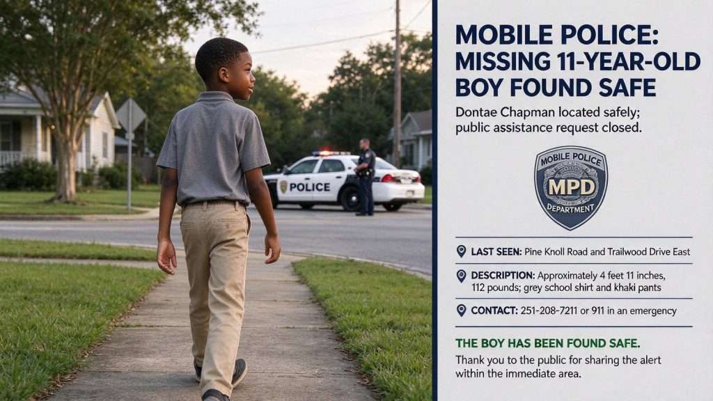 Illustration for the news story: Mobile Police Say Missing 11-Year-Old Boy Has Been Found Safe