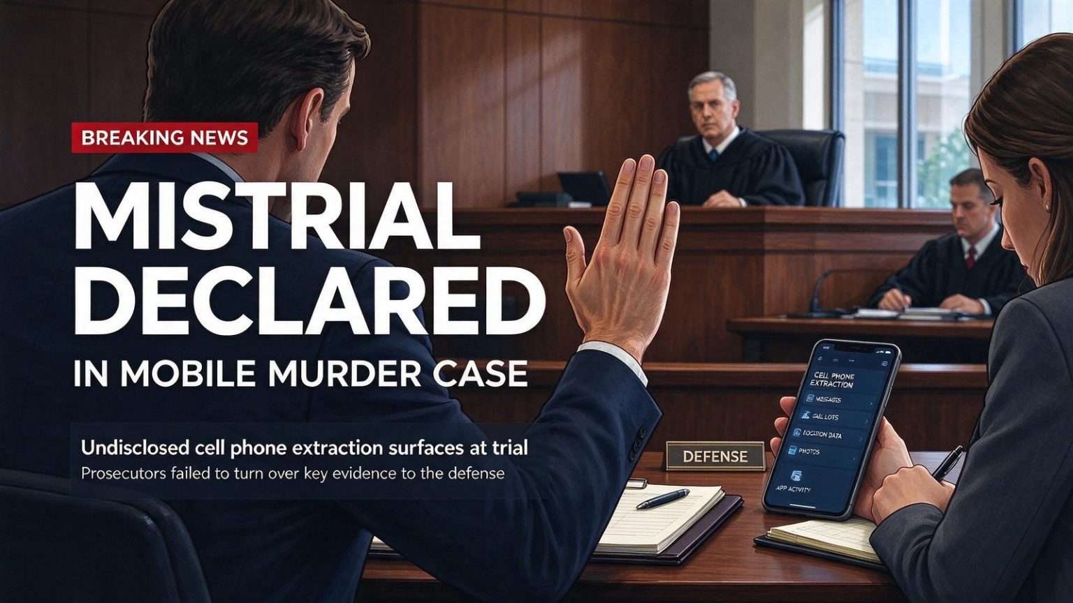 Illustration for the news story: Mistrial Declared in Mobile Murder Case After Undisclosed Cell Phone Extraction Surfaces at Trial
