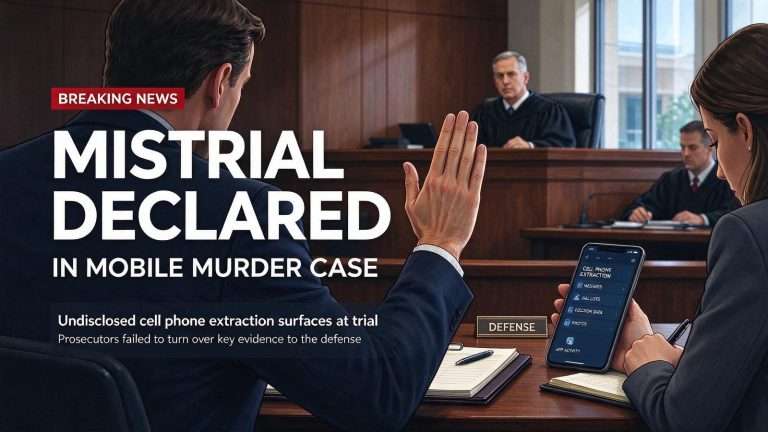 Illustration for the news story: Mistrial Declared in Mobile Murder Case After Undisclosed Cell Phone Extraction Surfaces at Trial