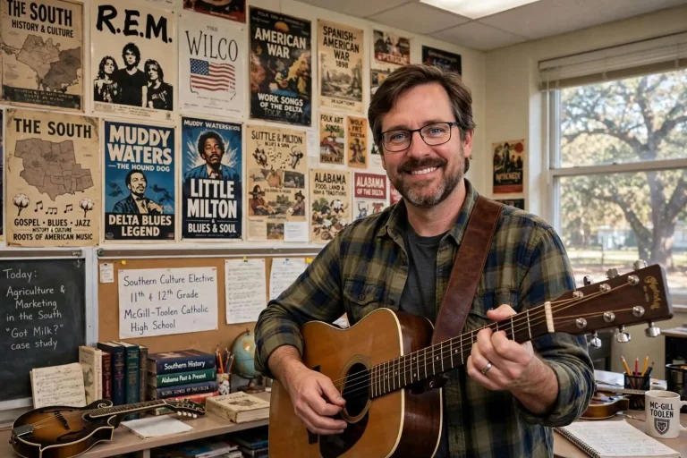 Illustration for the news story: Mobile Musician Phil Proctor Brings the Blues and Southern History to McGill-Toolen