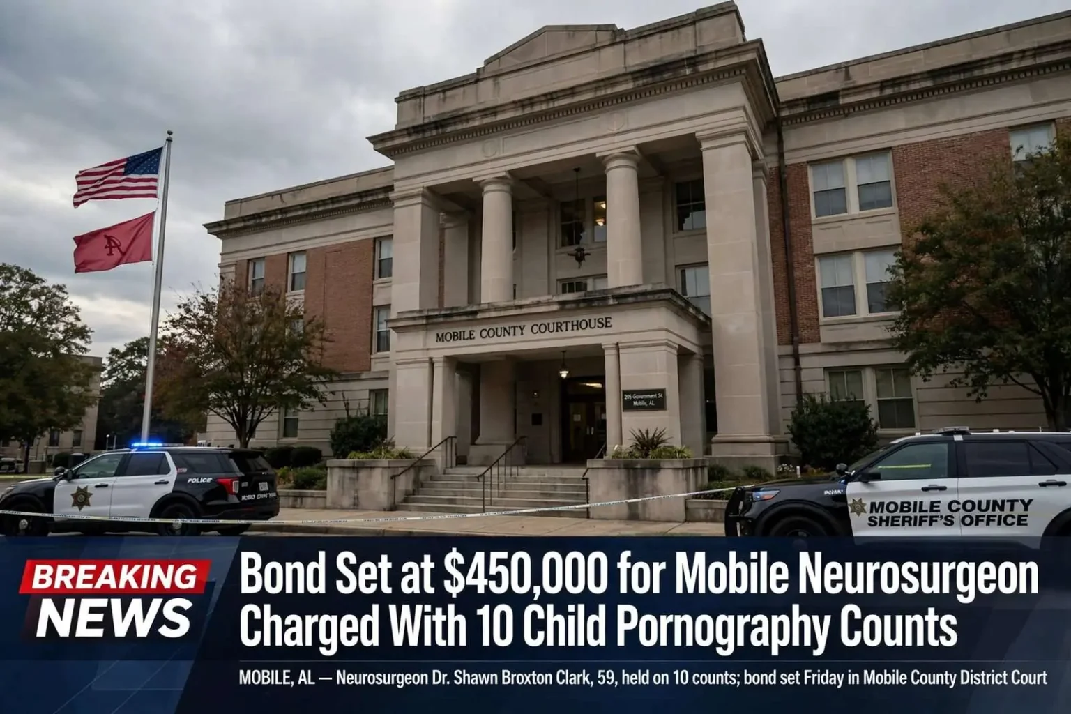 Illustration for the news story: Bond Set at $450,000 for Mobile Neurosurgeon Charged With 10 Child Pornography Counts