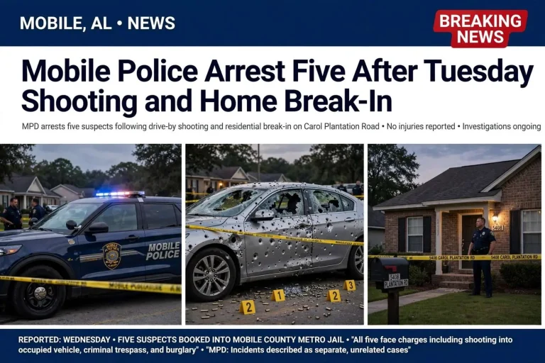 Illustration for the news story: Mobile Police Arrest Five After Tuesday Shooting and Home Break-In
