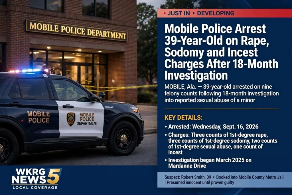 Illustration for the news story: Mobile Police Arrest 39-Year-Old on Rape, Sodomy and Incest Charges After 18-Month Investigation