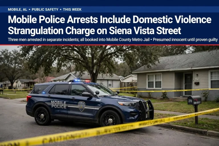 Illustration for the news story: Mobile Police Arrests Include Domestic Violence Strangulation Charge on Siena Vista Street