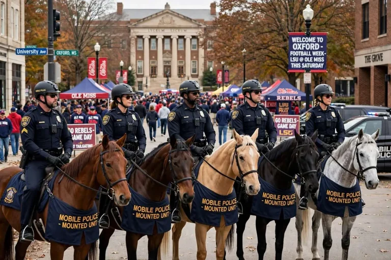 Illustration for the news story: Five Mobile Police Horses Are in Oxford This Week, and Mardi Gras Is the Reason Why