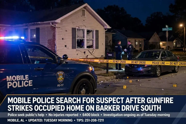 Illustration for the news story: Mobile Police Search for Suspect After Gunfire Strikes Occupied Home on Barker Drive South