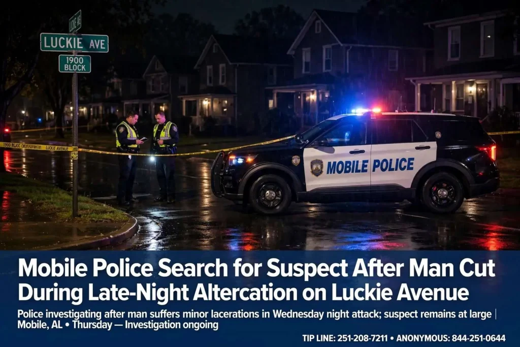 Illustration for the news story: Mobile Police Search for Suspect After Man Cut During Late-Night Altercation on Luckie Avenue