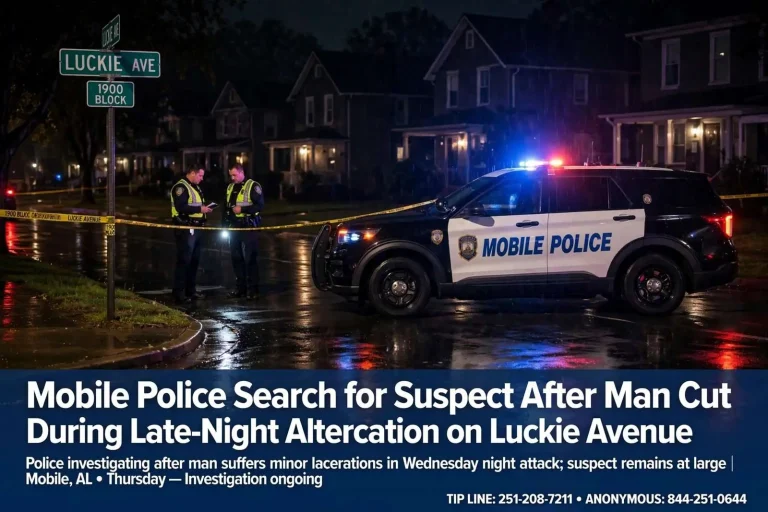 Illustration for the news story: Mobile Police Search for Suspect After Man Cut During Late-Night Altercation on Luckie Avenue