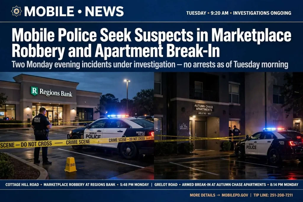 Illustration for the news story: Mobile Police Seek Suspects in Marketplace Robbery and Apartment Break-In