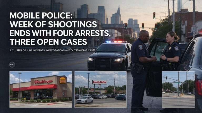 Illustration for the news story: Mobile Police: Week of Shootings Ends With Four Arrests, Three Open Cases