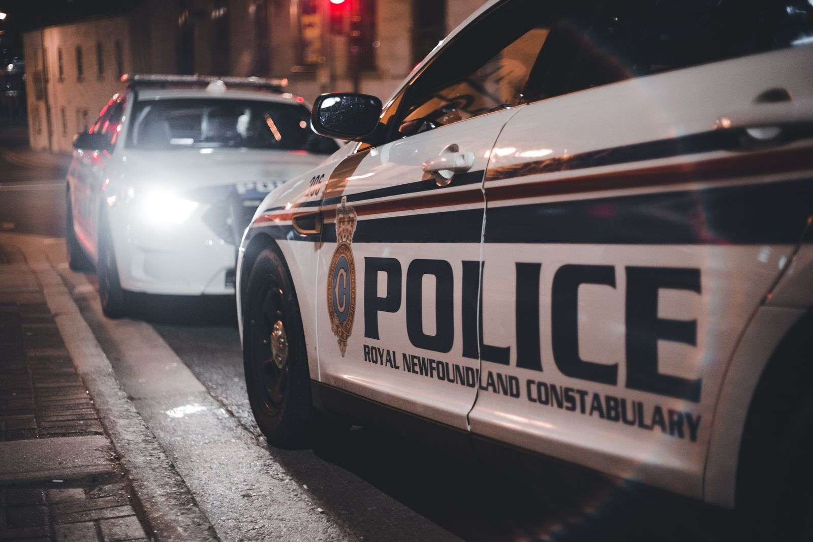 Police car emergency lights glowing at night