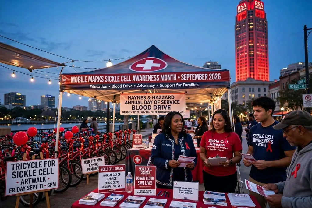 Illustration for the news story: Mobile marks Sickle Cell Awareness Month with rides, red towers and a blood drive