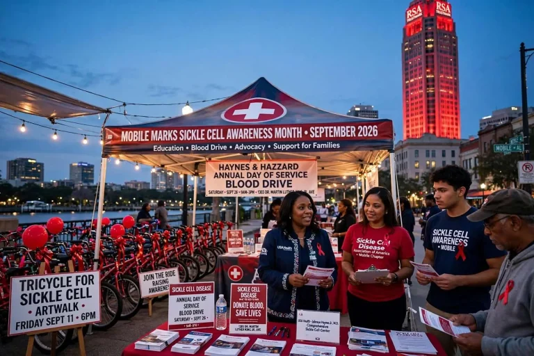 Illustration for the news story: Mobile marks Sickle Cell Awareness Month with rides, red towers and a blood drive