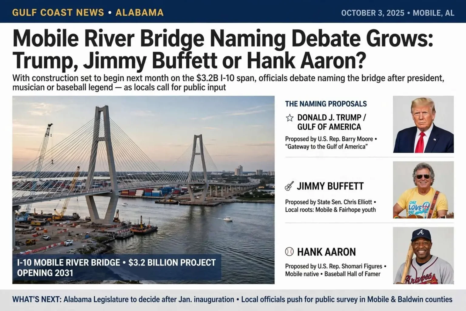 Illustration for the news story: Mobile River Bridge naming debate grows: Trump, Jimmy Buffett or Hank Aaron?