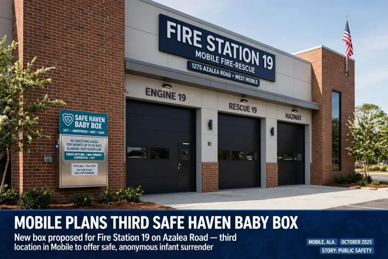 Illustration for the news story: Mobile Plans Third Safe Haven Baby Box, This Time at New Fire Station 19 on Azalea Road