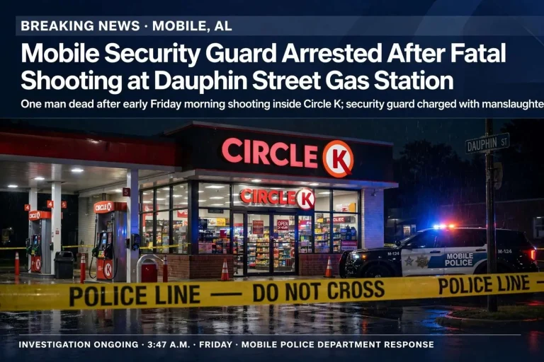 Illustration for the news story: Mobile Security Guard Arrested After Fatal Shooting at Dauphin Street Gas Station