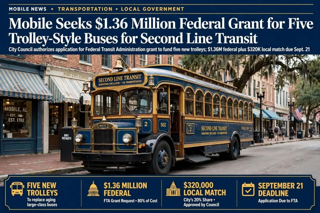 Illustration for the news story: Mobile Seeks $1.36 Million Federal Grant for Five Trolley-Style Buses for Second Line Transit