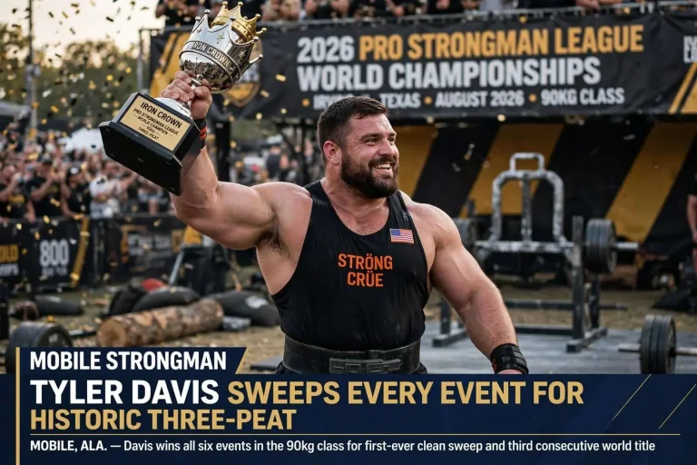 Illustration for the news story: Mobile Strongman Tyler Davis Sweeps Every Event for Historic Three-Peat
