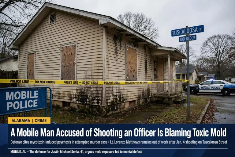 Illustration for the news story: A Mobile Man Accused of Shooting an Officer Is Blaming Toxic Mold
