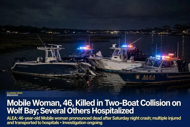 Illustration for the news story: Mobile Woman, 46, Killed in Two-Boat Collision on Wolf Bay; Several Others Hospitalized