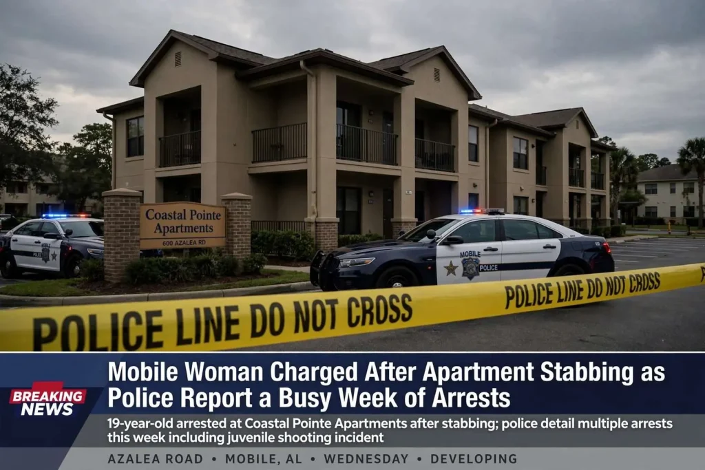 Illustration for the news story: Mobile Woman Charged After Apartment Stabbing as Police Report a Busy Week of Arrests