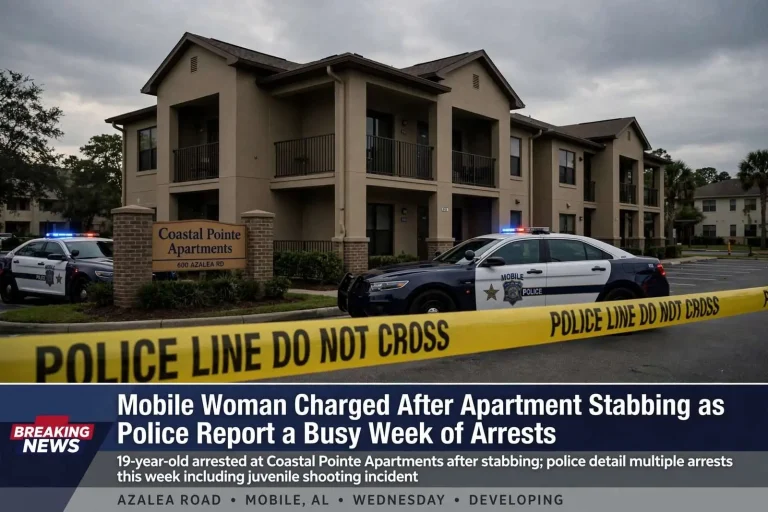 Illustration for the news story: Mobile Woman Charged After Apartment Stabbing as Police Report a Busy Week of Arrests