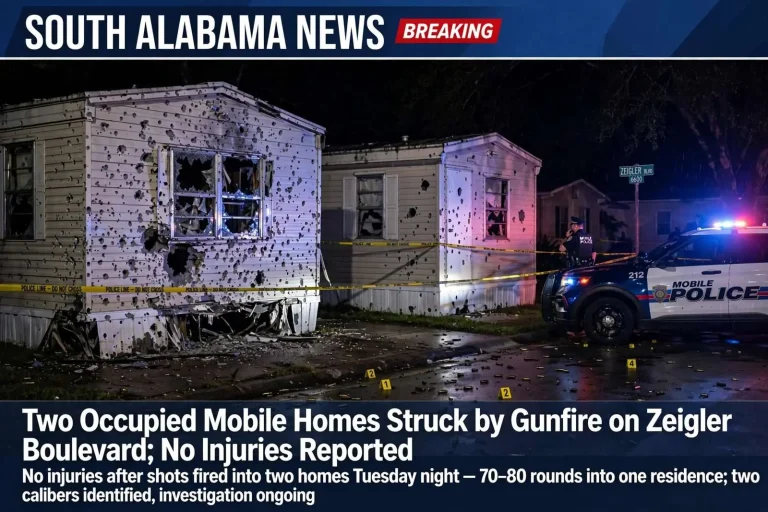 Illustration for the news story: Two Occupied Mobile Homes Struck by Gunfire on Zeigler Boulevard; No Injuries Reported