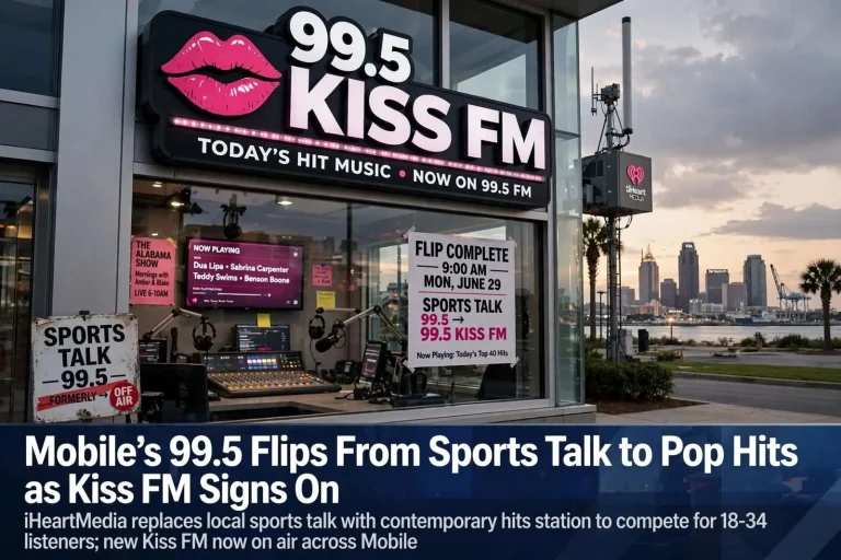 Illustration for the news story: Mobile’s 99.5 Flips From Sports Talk to Pop Hits as Kiss FM Signs On