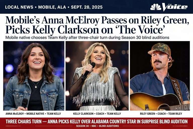 Illustration for the news story: Mobile’s Anna McElroy Passes on Riley Green, Picks Kelly Clarkson on ‘The Voice’