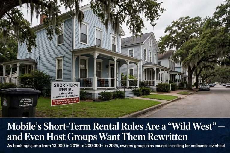 Illustration for the news story: Mobile’s Short-Term Rental Rules Are a ‘Wild West’ — and Even Host Groups Want Them Rewritten