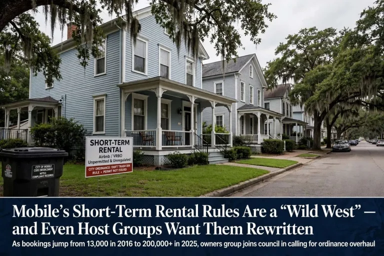 Illustration for the news story: Mobile’s Short-Term Rental Rules Are a ‘Wild West’ — and Even Host Groups Want Them Rewritten
