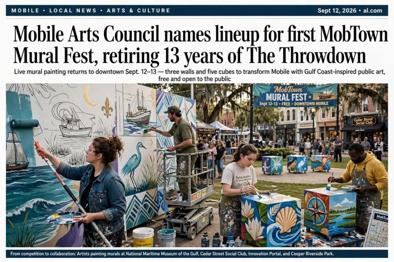 Illustration for the news story: Mobile Arts Council names lineup for first MobTown Mural Fest, retiring 13 years of The Throwdown