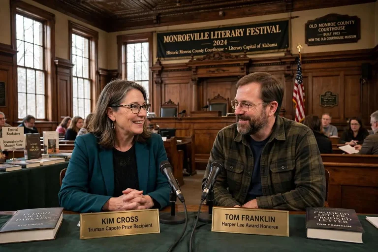 Illustration for the news story: Mockingbird’s Courtroom Hosts Kim Cross, Tom Franklin at Monroeville Literary Festival