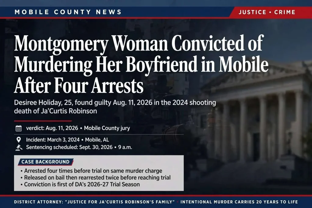 Illustration for the news story: Montgomery Woman Convicted of Murdering Her Boyfriend in Mobile After Four Arrests