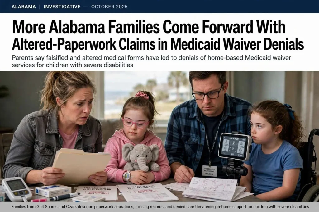 Illustration for the news story: More Alabama Families Come Forward With Altered-Paperwork Claims in Medicaid Waiver Denials