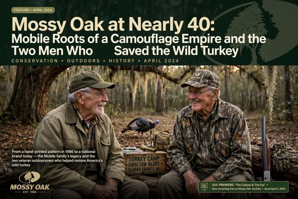 Illustration for the news story: Mossy Oak at Nearly 40: Mobile Roots of a Camouflage Empire and the Two Men Who Saved the Wild Turkey