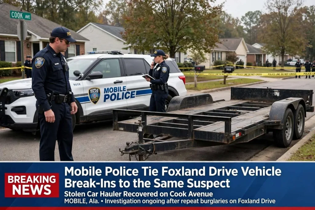 Illustration for the news story: Mobile Police Tie Foxland Drive Vehicle Break-Ins to the Same Suspect; Stolen Car Hauler Recovered on Cook Avenue