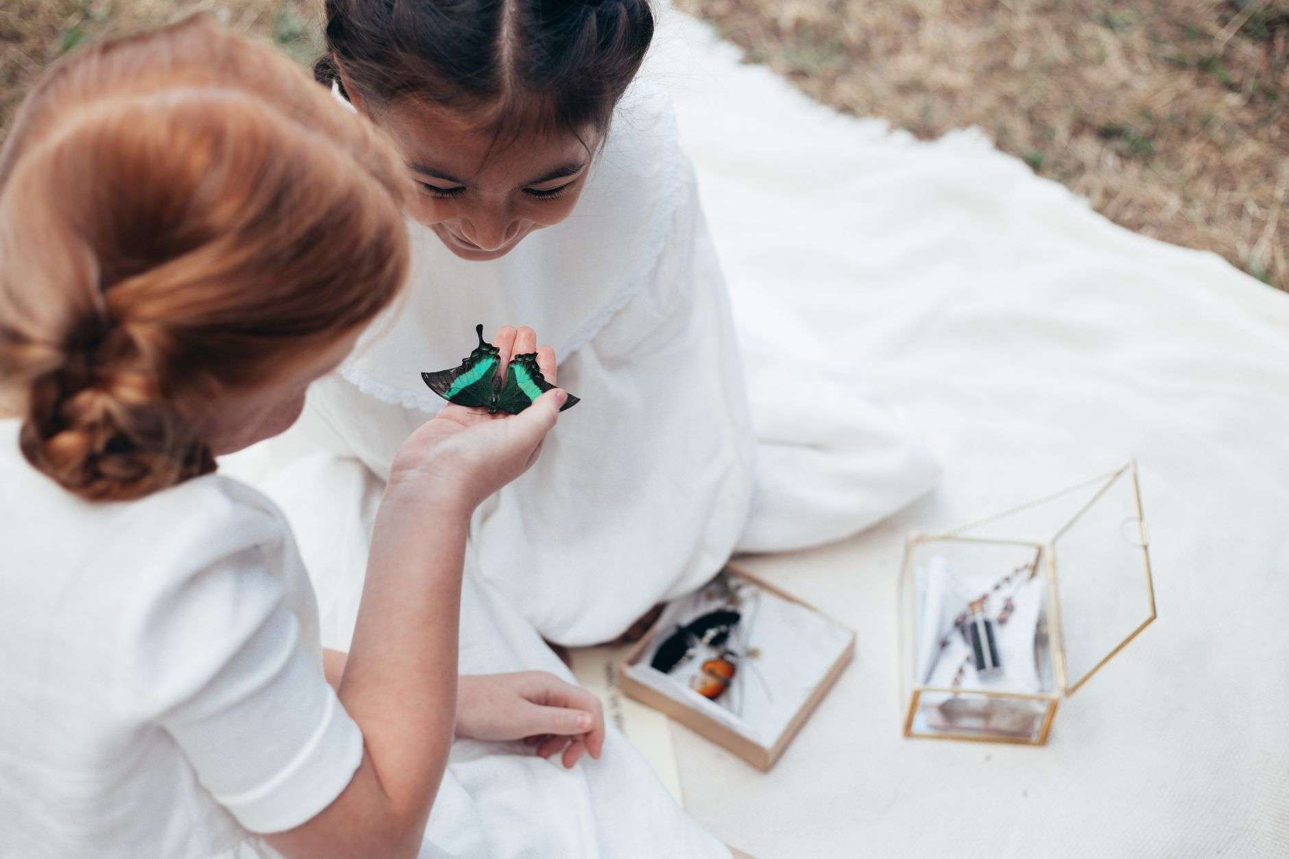 Young children examining plants and insects outdoors during a hands-on nature science activity