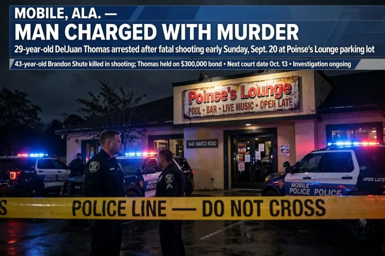 Illustration for the news story: Man charged with murder in Navco Road shooting outside Mobile’s Poinse’s Lounge