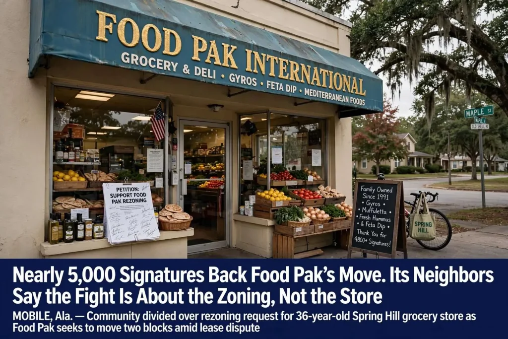 Illustration for the news story: Nearly 5,000 Signatures Back Food Pak’s Move. Its Neighbors Say the Fight Is About the Zoning, Not the Store.