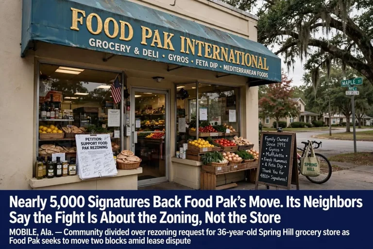 Illustration for the news story: Nearly 5,000 Signatures Back Food Pak’s Move. Its Neighbors Say the Fight Is About the Zoning, Not the Store.