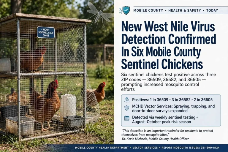 Illustration for the news story: New West Nile Virus Detection Confirmed In Six Mobile County Sentinel Chickens
