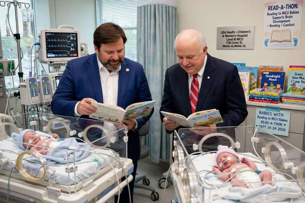 Illustration for the news story: Mayor, South Alabama President Read to Tiny Patients in NICU Read-a-Thon at Children’s & Women’s