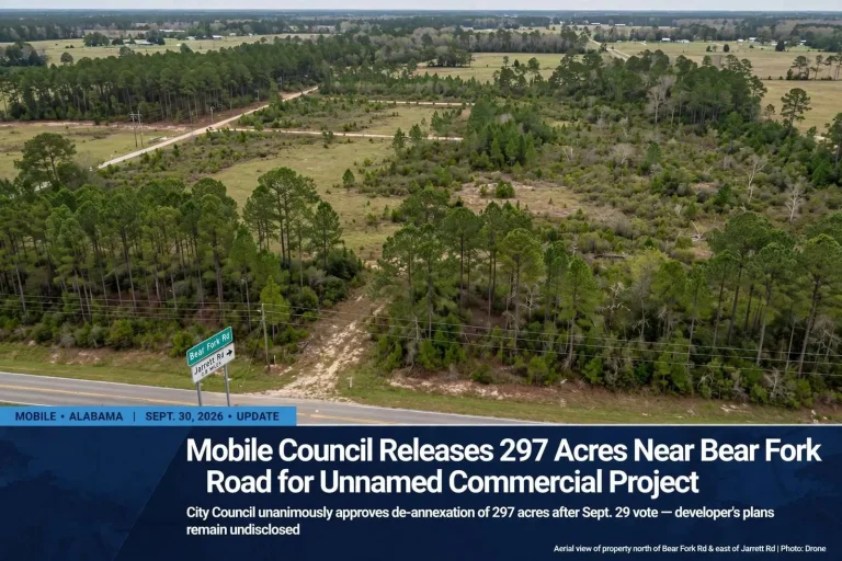 Illustration for the news story: Mobile Council Releases 297 Acres Near Bear Fork Road for Unnamed Commercial Project