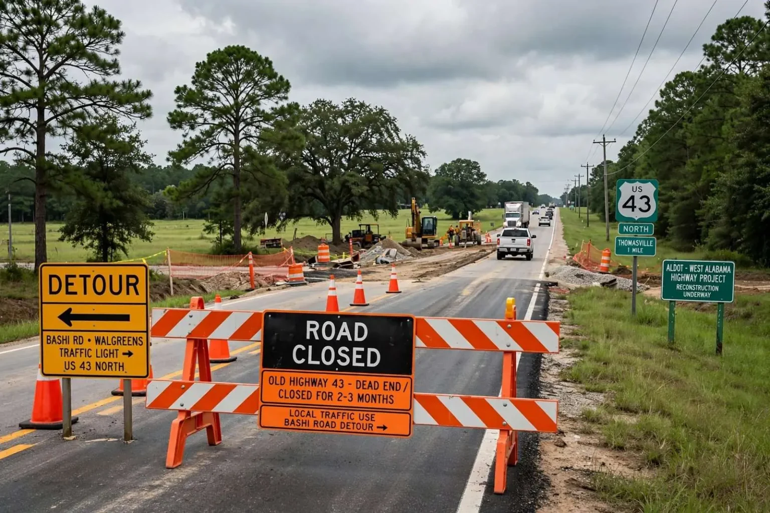 Illustration for the news story: Old Highway 43 Will Dead-End at U.S. 43 for Two to Three Months as West Alabama Highway Work Advances